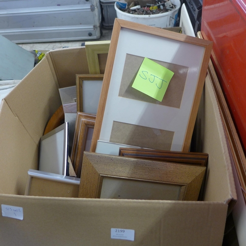 2199 - A box of picture frames and three mirrors, box of glass vases, etc.