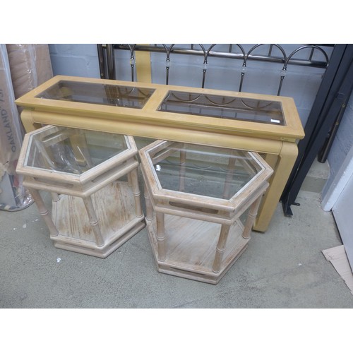 1691 - A pair of glass topped side tables and a glass topped console table