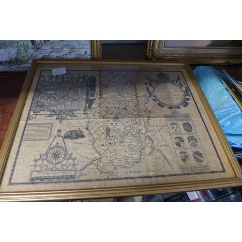 2266 - A vintage framed map of Nottinghamshire, thought to be 17th Century and a large wall print