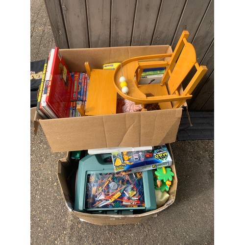 2166 - Two boxes of Children's toys: scrabble, kinnex, jigsaws, wooden dolls high chair, annuals and childr... 