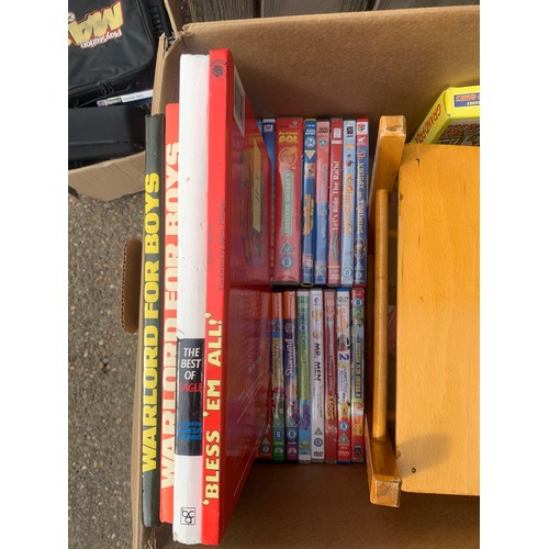 2166 - Two boxes of Children's toys: scrabble, kinnex, jigsaws, wooden dolls high chair, annuals and childr... 