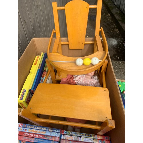 2166 - Two boxes of Children's toys: scrabble, kinnex, jigsaws, wooden dolls high chair, annuals and childr... 