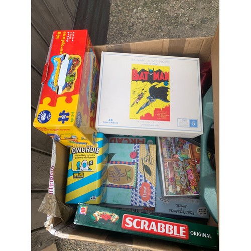 2166 - Two boxes of Children's toys: scrabble, kinnex, jigsaws, wooden dolls high chair, annuals and childr... 