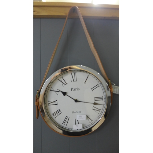 1405 - A Paris wall clock with belt strap hanger, H 57cms x 33cms (CL184112)   #