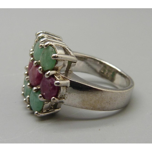 1011 - A silver, emerald and ruby ring, N