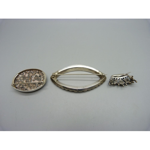 1026 - Three brooches; silver crown and marcasite, paste set and hardstone set