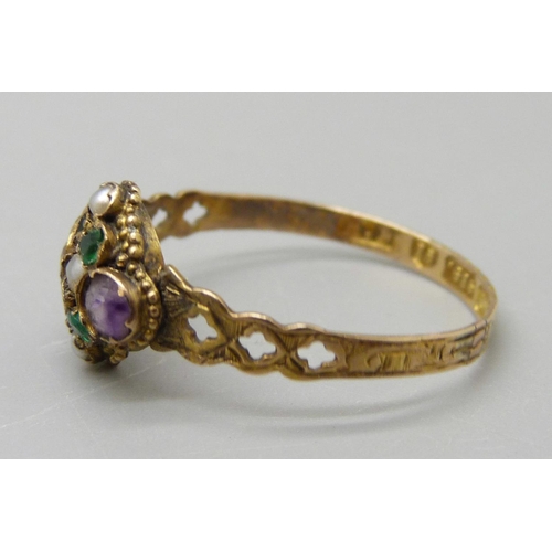 1041 - A Victorian 15ct gold, multi-gem set ring, Birmingham 1867, 1.3g, Q, with a vintage box