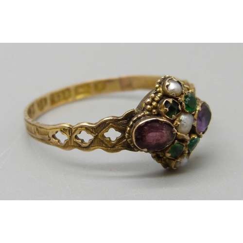 1041 - A Victorian 15ct gold, multi-gem set ring, Birmingham 1867, 1.3g, Q, with a vintage box