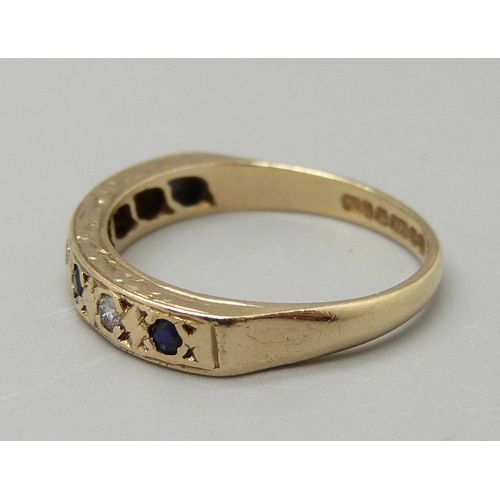 1053 - A 9ct gold, diamond and sapphire, maker L.W., Birmingham 1978, 2.4g, N