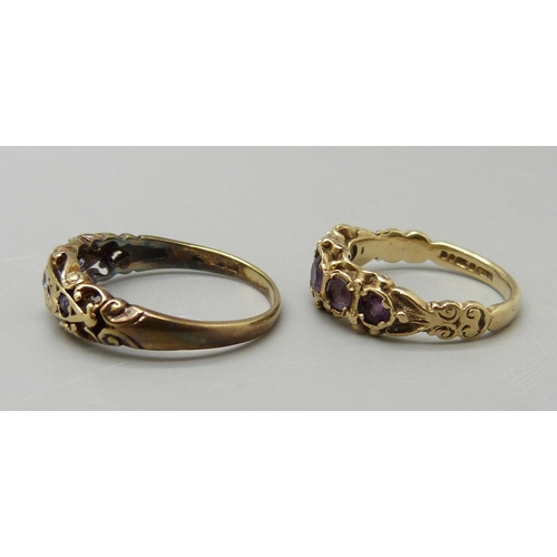 1079 - Two 9ct gold rings; one amethyst set, 2.5g, J, and one set with sapphires and diamonds, 2.2g, P