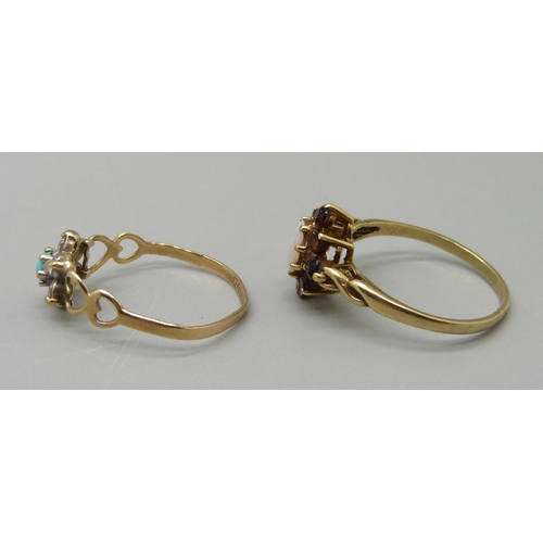 1084 - Two 9ct gold cluster rings, one set with garnets and opal, 1.9g, Q, one set with turquoise and white... 