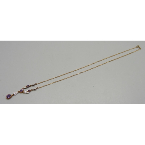 1088 - A 9ct gold, amethyst and diamond necklet, 3.2g