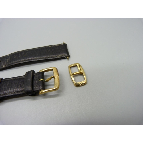 1096 - A gentleman's Omega watch buckle on a leather strap and a lady's Omega watch buckle