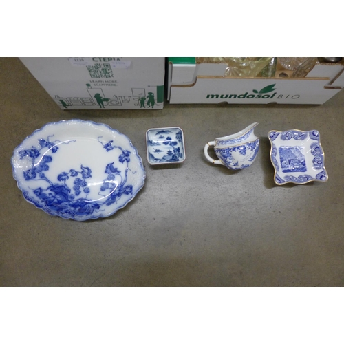 1125 - Two boxes of mixed glassware and four pieces of blue and white china **PLEASE NOTE THIS LOT IS NOT E... 