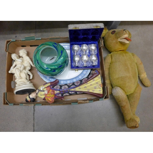 1143 - A glass vase, two meat plates, two figures, six cased goblets and a Teddy bear **PLEASE NOTE THIS LO... 