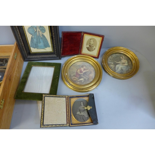 698 - Two dageurrotypes, Victorian picture frames, etc., and a pair of circular framed mezzotints