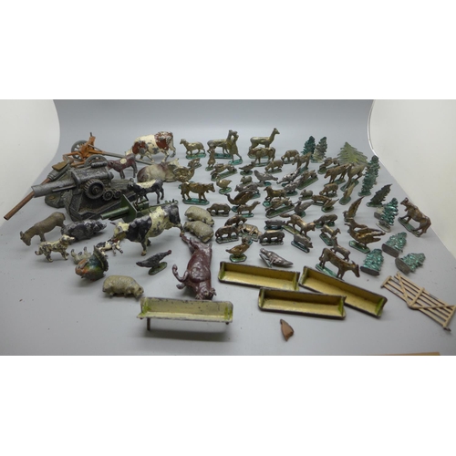 758 - Approx 64 lead farm animal and model tree 'flat' figures plus 21 Britains Ltd & other hollow-cast le... 