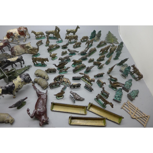 758 - Approx 64 lead farm animal and model tree 'flat' figures plus 21 Britains Ltd & other hollow-cast le... 