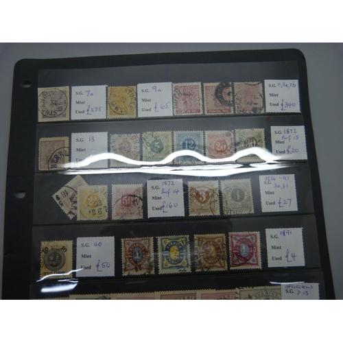 805 - Stamps; a stockcard of early Sweden stamps, (catalogue value of approximately £1,400)