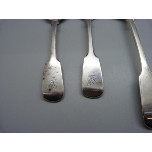 831 - Four Victorian silver spoons, 235g, (3+1)