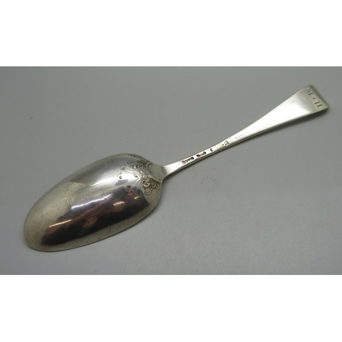 844 - An 18th Century scroll back silver spoon, possibly Thomas Wallis, 48g