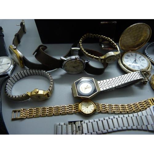 861 - Assorted wristwatches including Favre Leuba in an old Navy tin (marked inside)