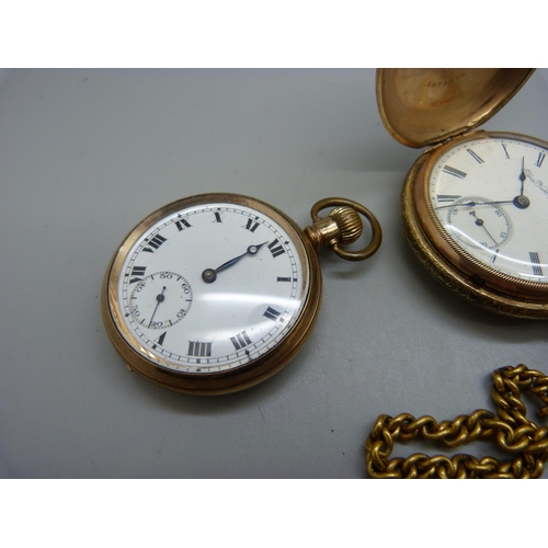 890 - Two gold plated pocket watches, one Elgin with Albert chain