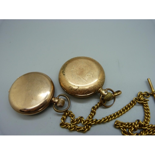 890 - Two gold plated pocket watches, one Elgin with Albert chain