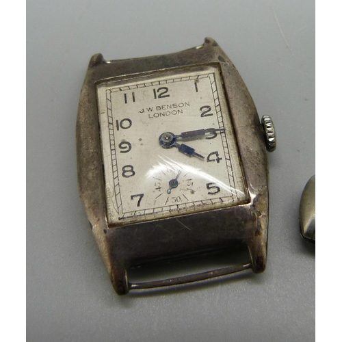 907 - Two silver wristwatches including Benson, 24mm case, a silver penknife and a silver vesta case, (ena... 