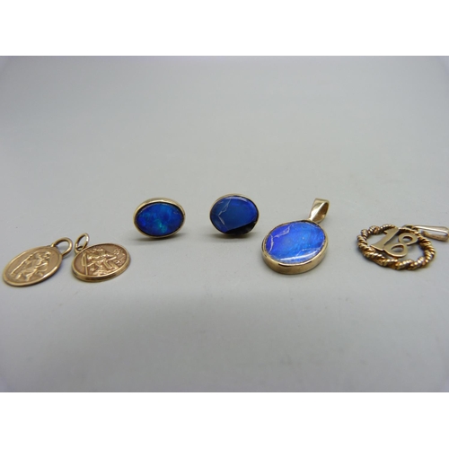 910 - Three hallmarked 9ct gold charms, 2g, an opal pendant and earrings, a/f, and earrings lacking hooks