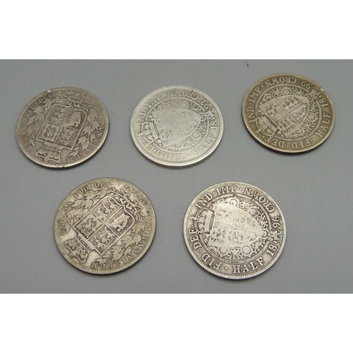 915 - Five Victorian half crowns, two bun head 1883 and 1885 and three veiled heads 1893, 1896 and 1899, 6... 