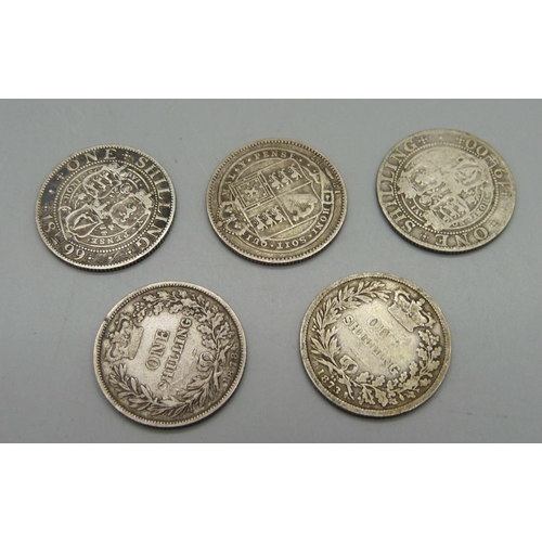 917 - Five Victorian shillings, three veiled head 1887, 1899 and 1900 and two bun heads 1873 and 1878