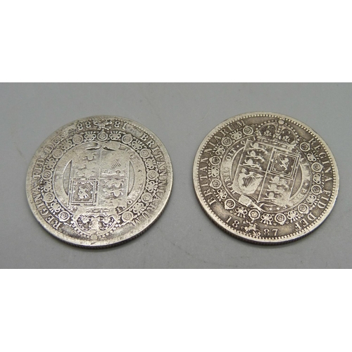 919 - Two Victorian silver half crowns, 1887 and 1888