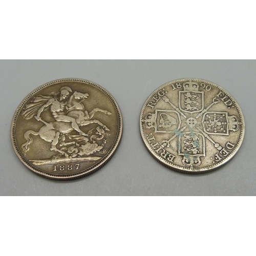 920 - A Victorian 1887 crown and an 1890 double florin