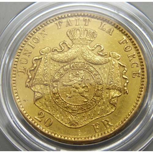 929 - A Belgian Leopold II 20 Francs gold coin, 1876, .900 purity, 6.451g