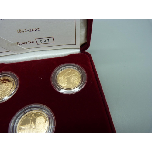 931 - A Royal Mint 2002 coin set, Channel Islands three gold proof coin set, 150th Anniversary of The Duke... 