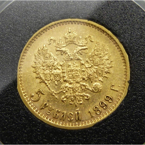 932 - A Nicholas II 1899 5 rouble gold proof coin, cased