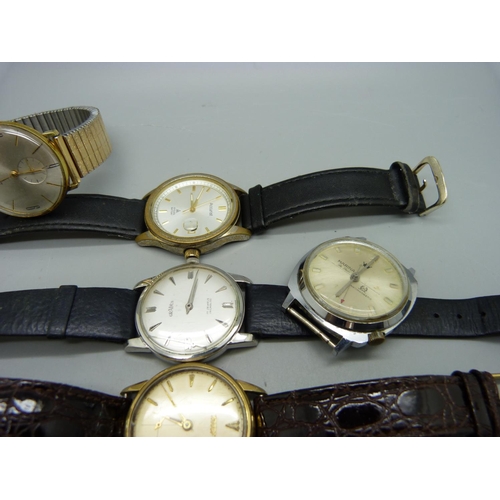 944 - Six gentleman's wristwatches; Tissot, Avia, Accurist, Gradus, Montine and Marina, a/f