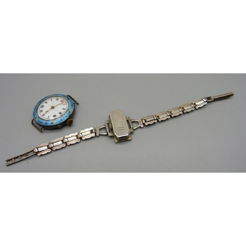 947 - A lady's silver wristwatch and a silver and enamel wristwatch, enamel a/f