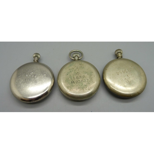 951 - Three military pocket watches including Moeris, two dials a/f