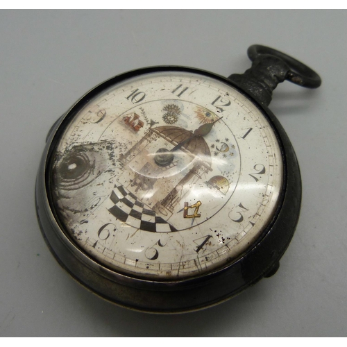 953 - A silver pair cased Masonic pocket watch, Birmingham 1812, dial chipped, a/f