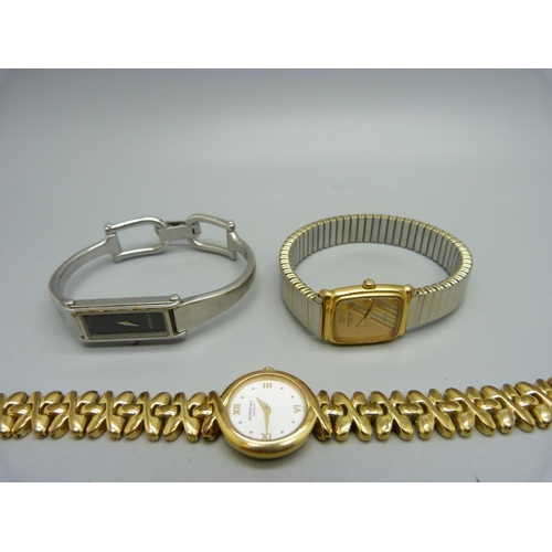 954 - Two Raymond Weil wristwatches and a lady's Gucci wristwatch, (circular watch case back a/f)