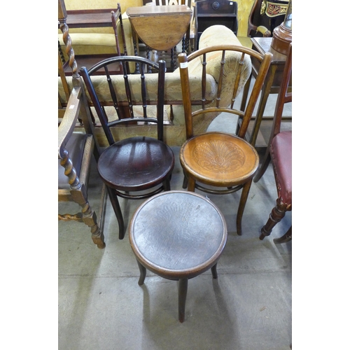 183 - Two bentwood chairs and a stool