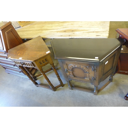 190 - A carved oak single drawer side table and a credence cupboard