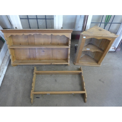 224 - Two pine plate racks and a small hanging corner cupboard