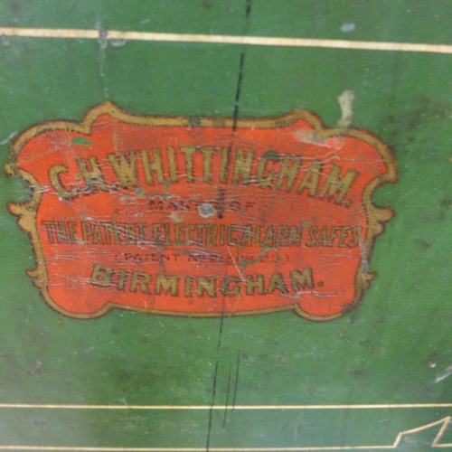 230 - A steel deed box on stand, C.H.Whittingham, Birmingham