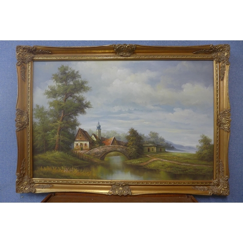 284 - A river landscape with figure by a cottage , oil on canvas, unsigned, framed