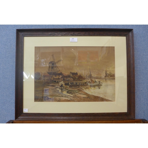 285 - 19th Century Dutch School, postmill and boat scene, watercolour, unsigned, framed