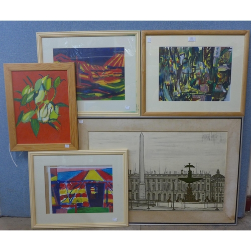 286 - John Winter, two abstract oils, two prints and a Bernard Buffet print, framed