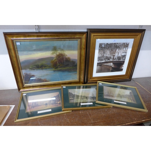 289 - T. Wood, river landscape, oil, print of Amsterdam and three other prints